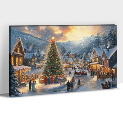 Décoration murale de Noël sur toile, images de village carré d'hiver, impressions sur toile de scène enneigée festive, œuvre d'art murale suspendue pour salon, espaces de rassemblement familial, 28 x 40 po