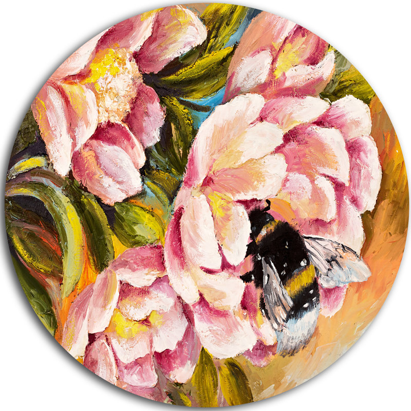 Large Round Metal Wall Art with Colorful Floral and Bee Design