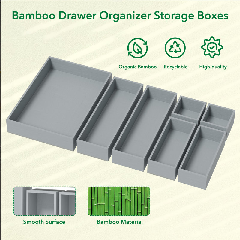 7-Piece Bamboo Drawer Organizer Set, Multi-Use Wood Tray Divider Bins for Kitchen, Bathroom, Office Desk and Makeup Organization