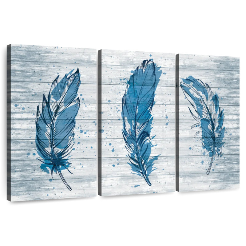 Kerner Blue Feathers On Wood, 42" H x 65" W