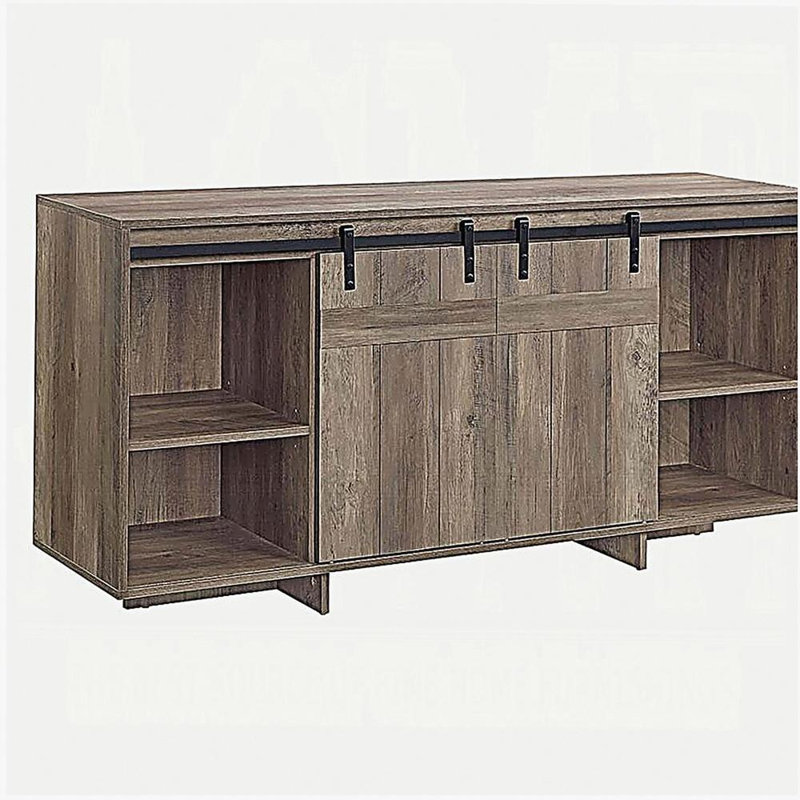 Meuble télé gris blanchi avec 2 portes de grange coulissantes