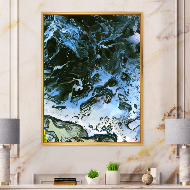 Noir et bleu liquide - Peinture sur toile, H 32 po x l 16 po x P 1 po, Cadre flottant doré