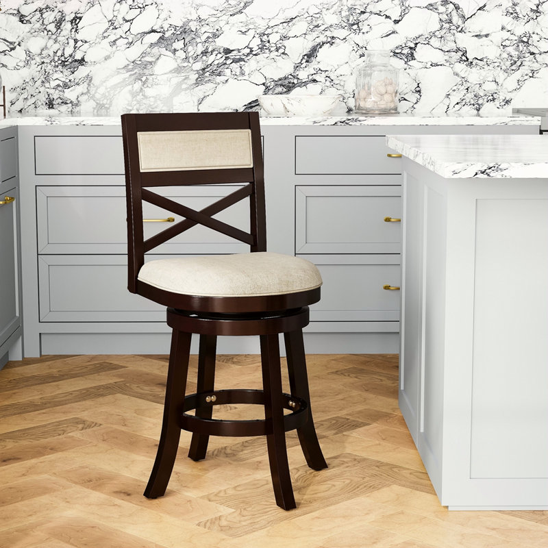 Tabouret pivotant à dossier en X de 24 po de hauteur comptoir, siège en tissu, Beige, Espresso