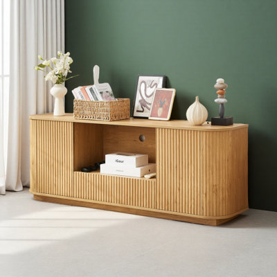 Meuble télé 64 pouces, buffet arrondi, armoire de rangement, armoire à rayures verticales en bois pour le salon, l 64 po x P 15 po x H 24 po