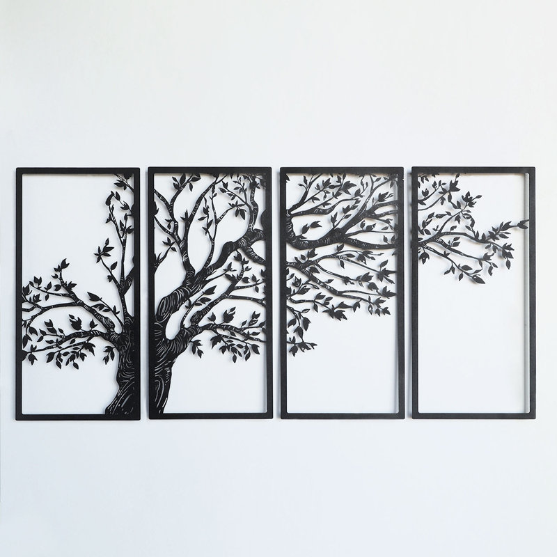 Seasons' Vibes Metal Wall Art Set 4 Piece - Tree of Life, Black, 39" H x 79" W x 1" D