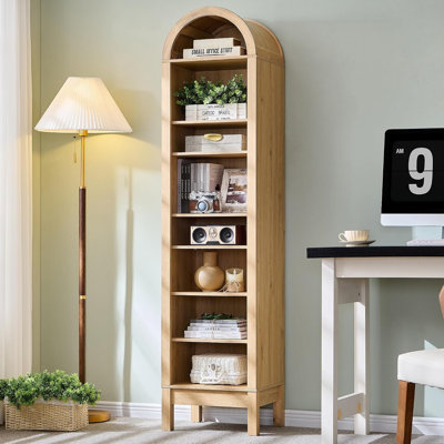 Grande bibliothèque arquée ouverte, bibliothèque à 8 niveaux avec 3 tablettes réglables, armoire de rangement étroite autoportante en bois pour le bureau de la chambre à coucher