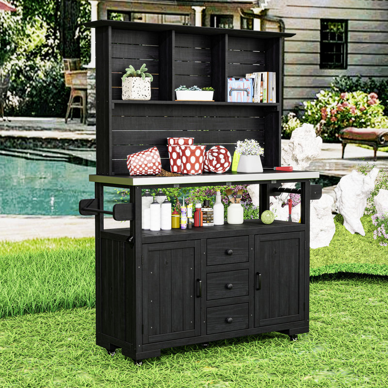 Banc de rempotage polyvalent avec plateau en acier inoxydable, tablettes réglables et roues verrouillables, Noir