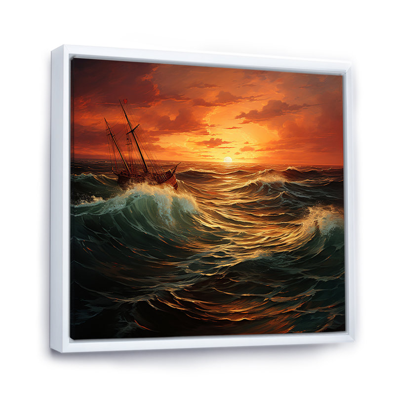 «Golden Boat Horizon Sunset I - Coastal Sunset», art mural, Cadre flottant blanc, H 16 po x l 16 po