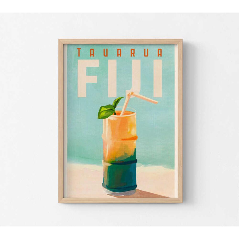 Affiche de voyage des Fidji - reproduction rétro d'une boisson sur la plage de Tavarua, H 16 po x l 12 po, Tanné