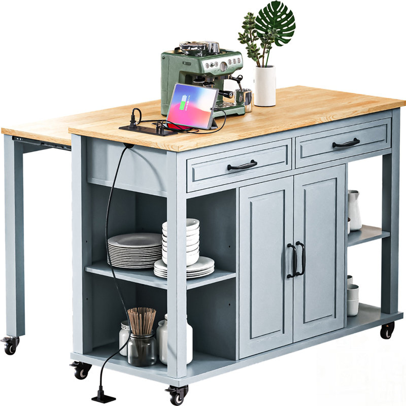Îlot de cuisine extensible avec table de salle à manger, rangement interne et prise de courant pour une utilisation polyvalente et une organisation efficace