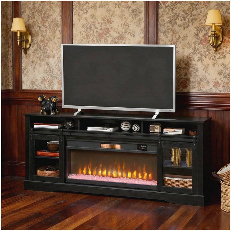Console télé avec foyer électrique, rangement ouvert et armoires latérales, Noir