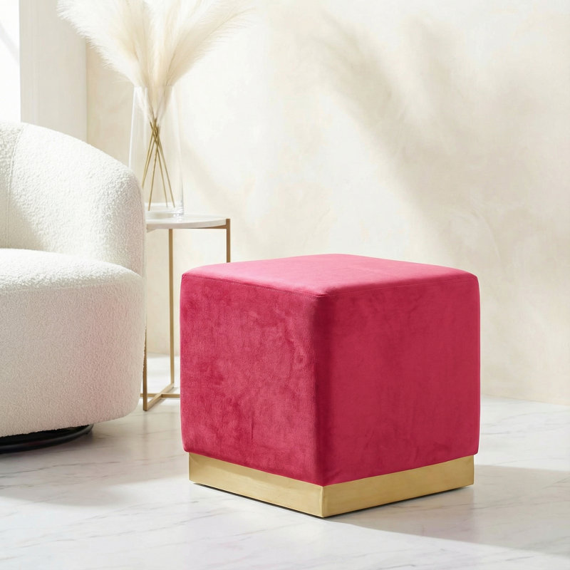 Repose-pieds cubique carré en velours 15,5" Perino, Rose, Doré