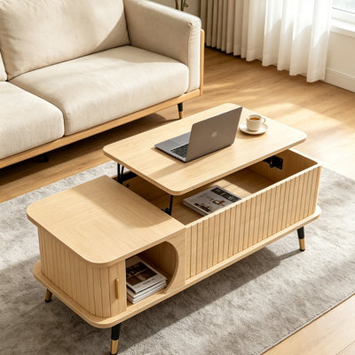 Table basse à plateau relevable avec compartiment caché et grande tablette de rangement, bureau de salle à manger réglable pour le bureau personnel du salon, naturel