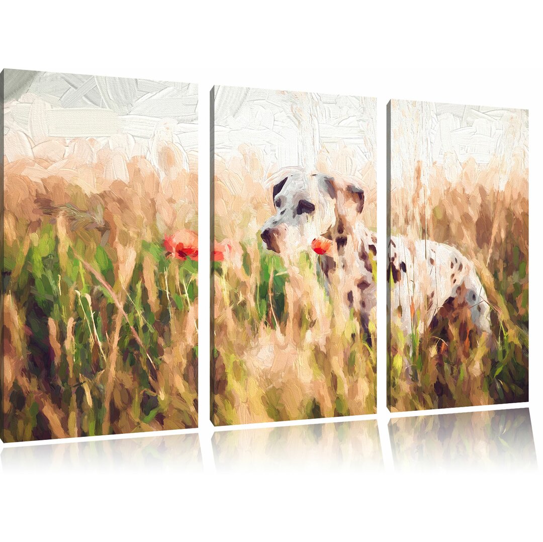 3-tlg. Leinwandbilder-Set „Neugieriger Hund im Feld“, Grafikdruck