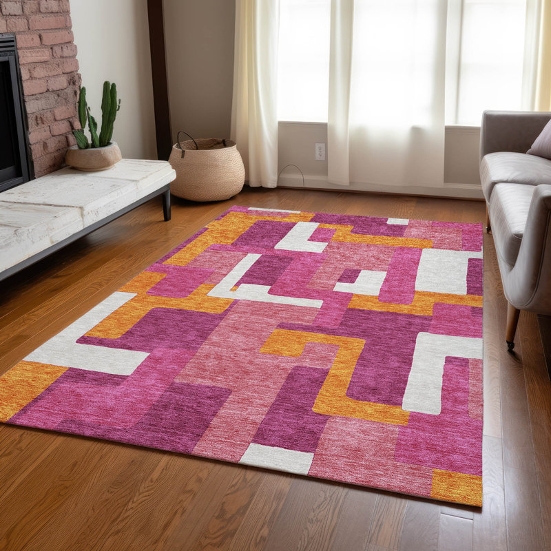 Pink Geometric Machine-Washable Rectangular Indoor/Outdoor Rug