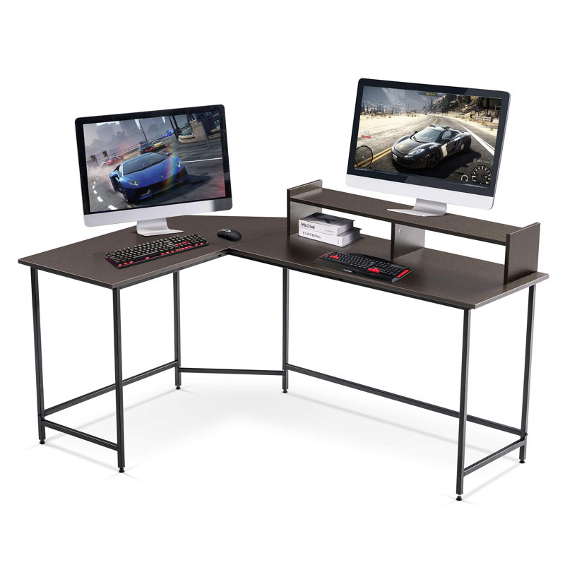 L-Shape Corner Writing Desk with with Monitor Stand, Ebony/Black