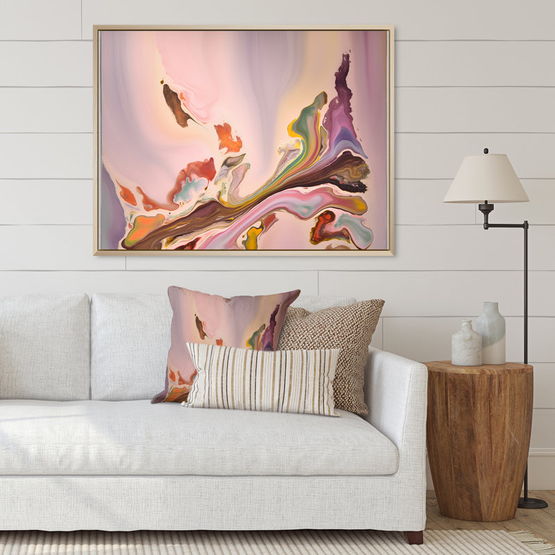 «Pink Mystery Awakening - Collages abstraits», reproduction sur toile, H 30 po x l 40 po, Cadre naturel flottant