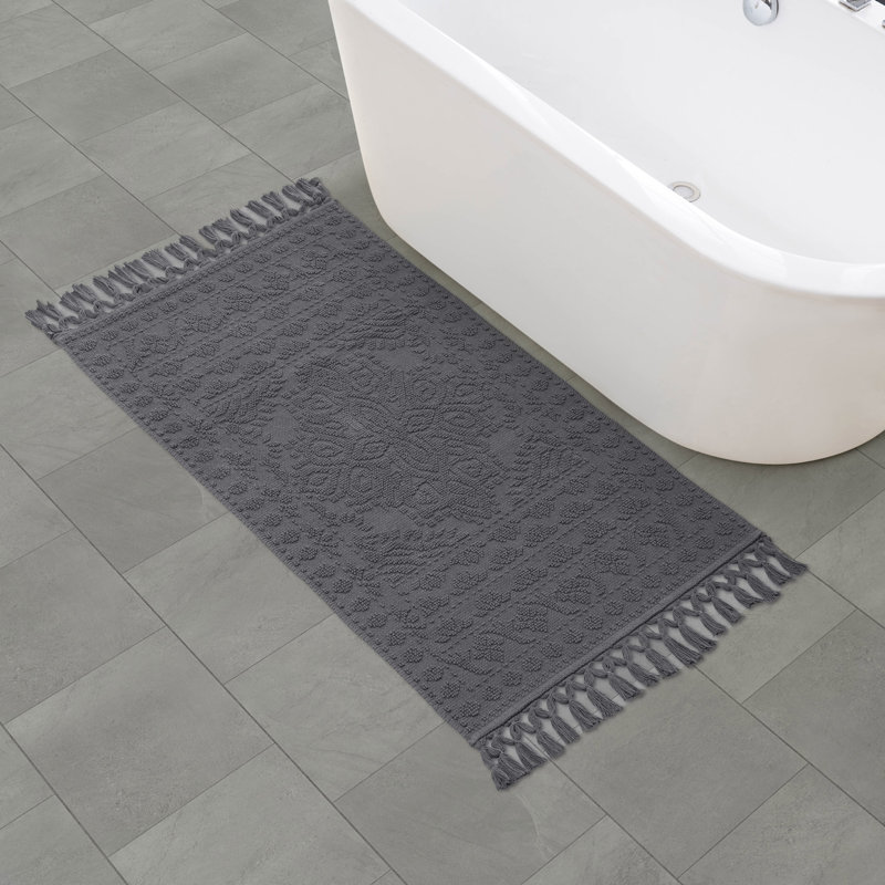 French Connection Nellore Fringe Machine Washable Cotton Bath Rug, 49" L x 26" W, Charcoal