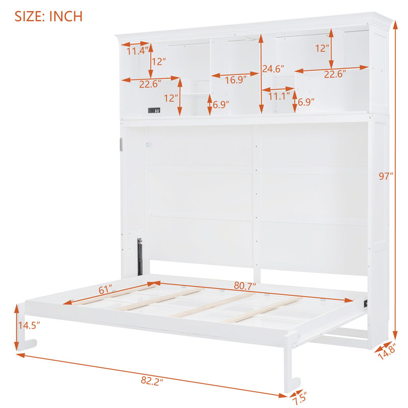 Grand lit escamotable mural avec tablettes supérieures et USB, Grand lit