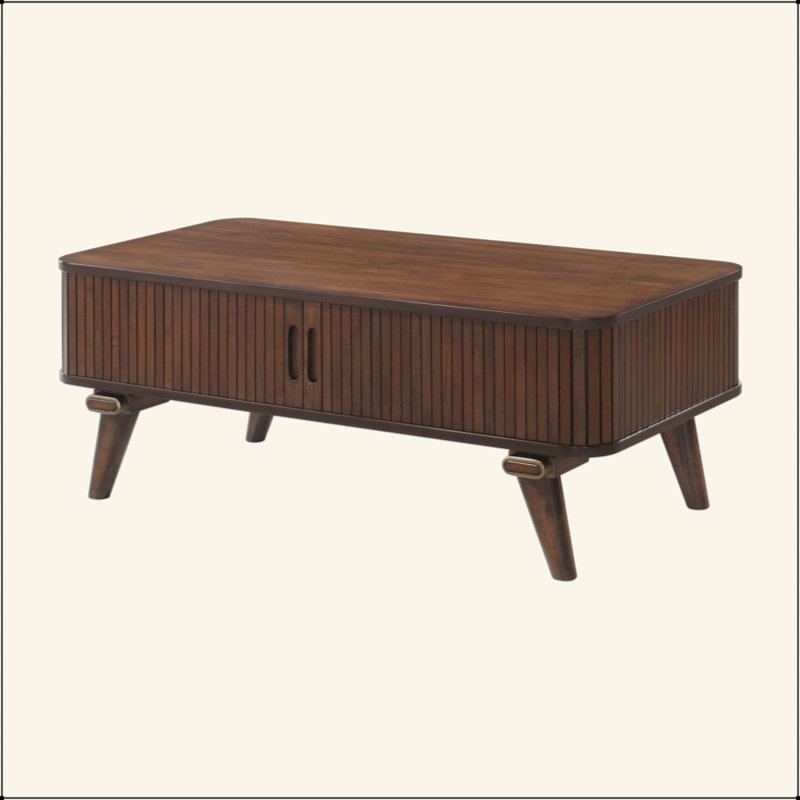 1Pc Storage Cocktail Table Walnut Finish Tambour Doors 2X Shelves Modern Living Room Furniture