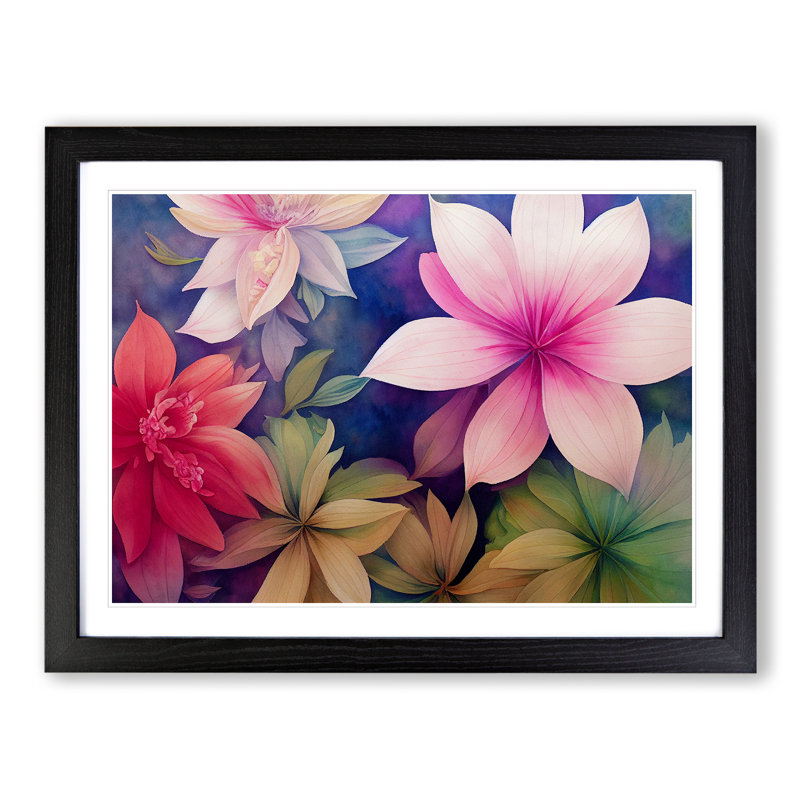 Elegant Watercolour Flowers - Single Picture Frame Painting, Black , 46cm H x 64cm W x 2cm D