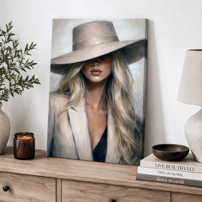 Neutral Fashion Woman In Wide Hat Artwork, Bedroom Pictures, Framed Canvas Giclee Print Wall Art