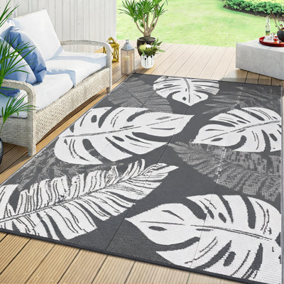 Reversible Outdoor Rug 9x12ft, Waterproof Plastic Straw Patio Mat – UV Resistant, Storage Bag & Stakes, Grey and White, USA Spec