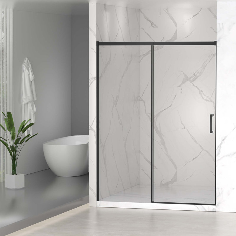 Porte de douche coulissante semi-sans cadre, verre trempé transparent de largeur variable, largeur réglable - aucune découpe requise