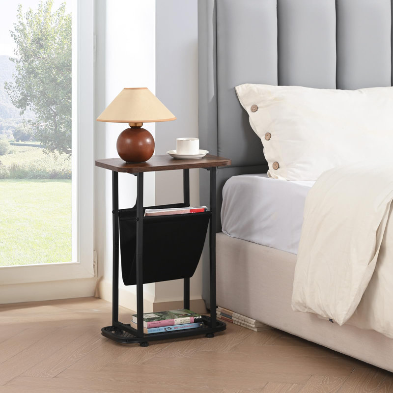 Narrow End Tables With Magazine Rack Mesh Shelves, Small Side Table With Storage, Bedside Couch Table Skinny Nightstand, Rustic Brown
