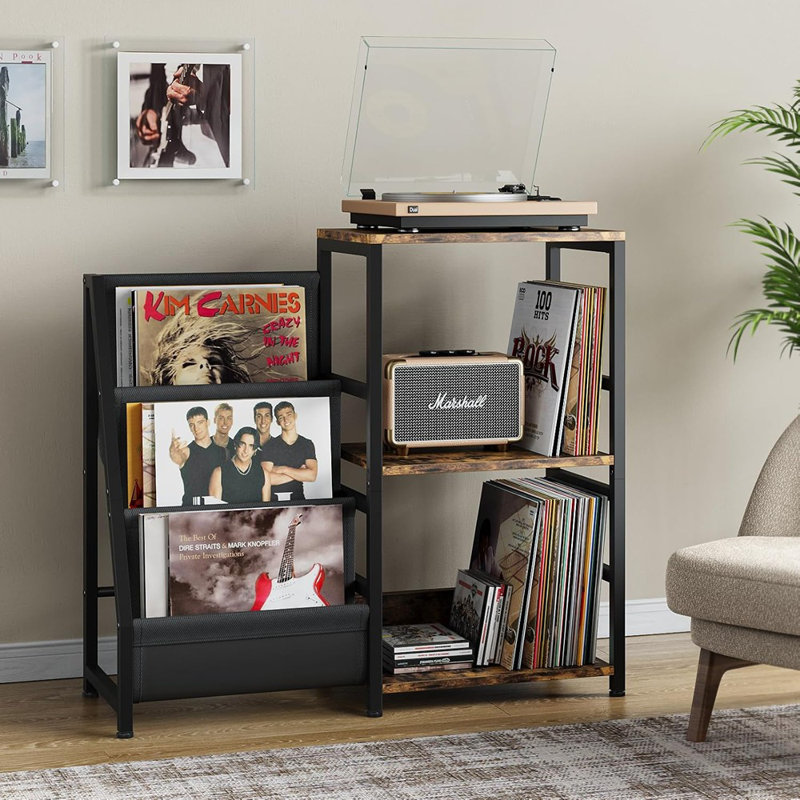 Record Player Stand, Turntable Stand With 3-Tier Vinyl Record Storage, Black/Brown