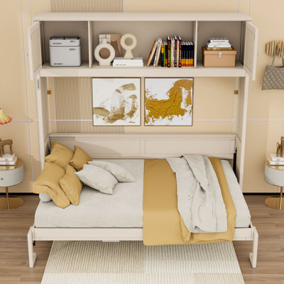 Lit escamotable double en bois avec armoires de rangement et tablettes
