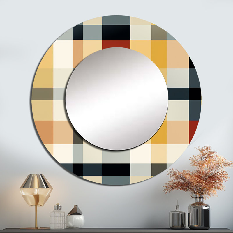 Rubyann Black And Cream Plaid Sophistication - Plaid  Decorative Wall Mirror, Cream Round Mirror, Printed Metal Art