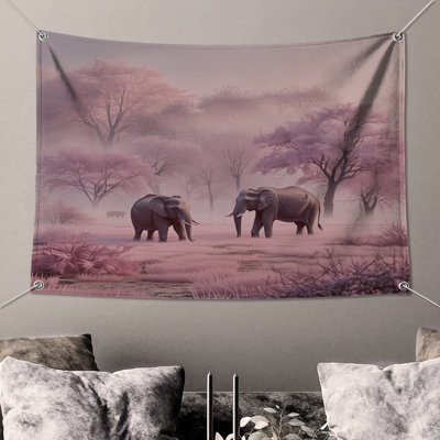Tapisserie murale «Éléphants dans la forêt rose» - Décoration murale éléphants