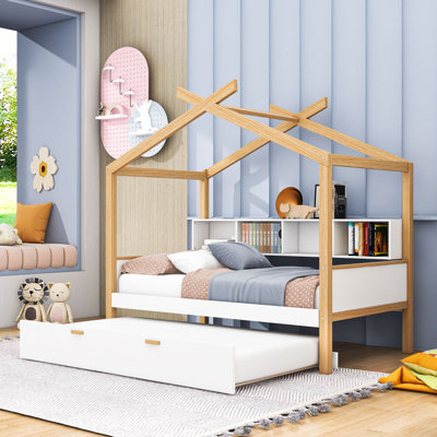 House Bed With Pull-Out Twin Trundle And Bookshelf Storage