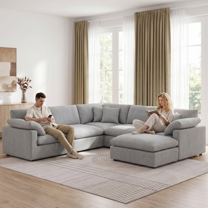 110"W 6-piece Sectional Corner Sofa Chenille Oversized Upholstered Modular Deep Seat Couch With Removable Ottoman & Pillows