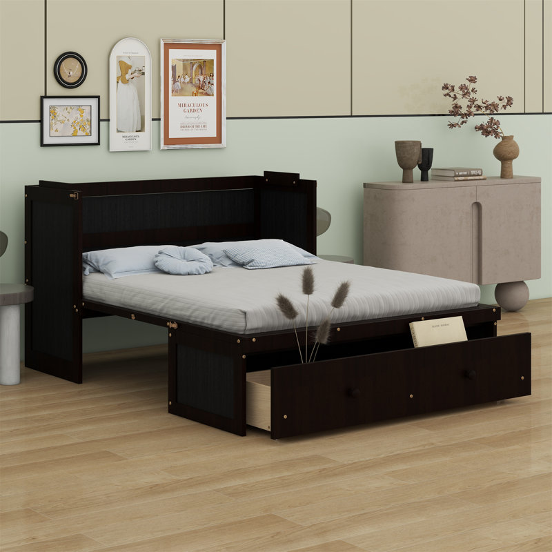 Lit escamotable avec port USB et grand tiroir, Espresso, Double