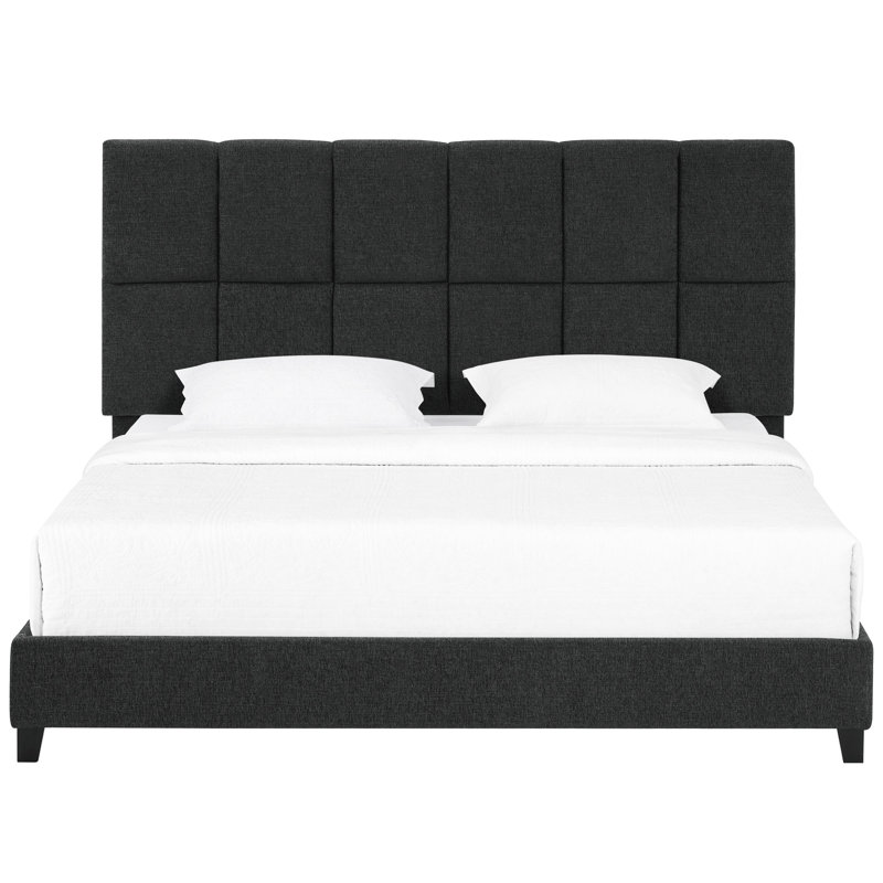 Très grand lit plateforme moderne avec structure en bois et tissu gris avec pieds solides