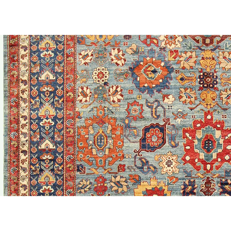 Hand Knotted Wool Oriental Area Rug in Blue/Rust/Light Blue/Yellow