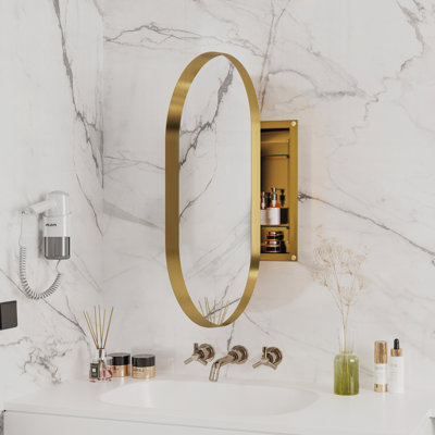 Armoire encastrée ovale 20 po x 34 po, armoire de salle de bain avec cadre en métal avec miroir et tablettes réglables pour la salle de bain