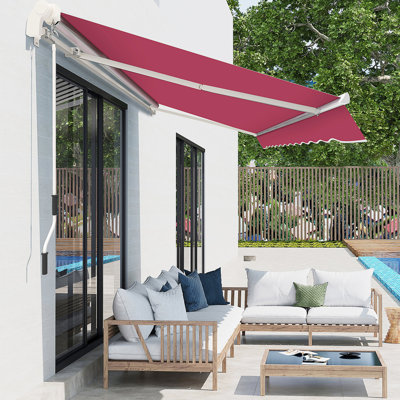 13' X 8' Retractable Deck Awning, Patio Sunshade With Manual Crank, & Water- Cloth, Aluminum Frame For Balcony, Yard, Red Canopy Tint Shade Cover