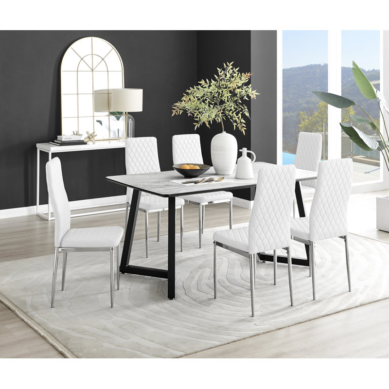 Industrial Design White & Grey Marble Effect Melamine Dining Table Set with 6 Faux Leather Chairs, White/Silver