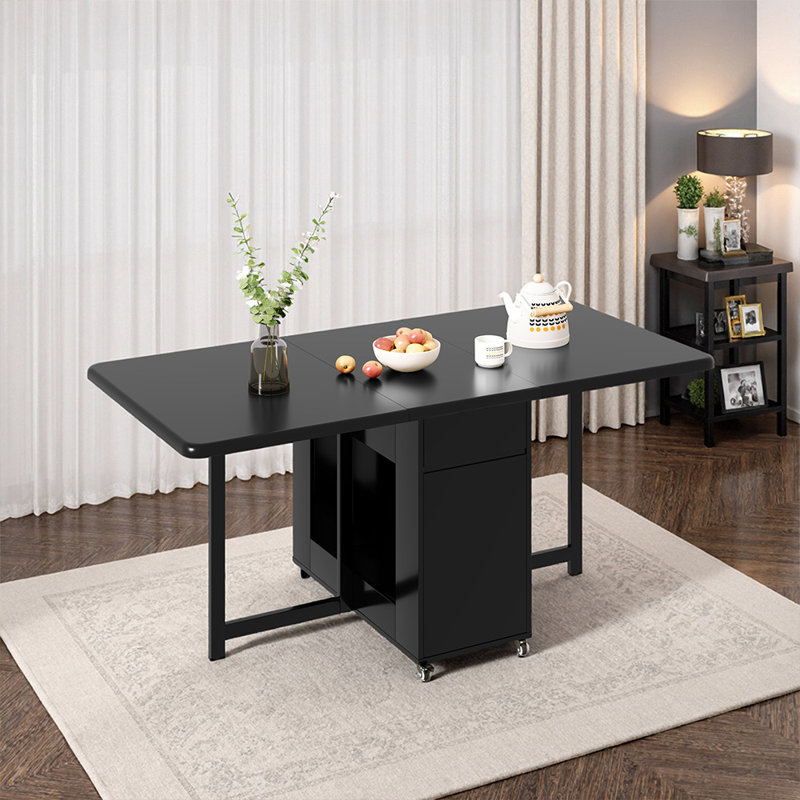 Fully Assembled Solid Wood Folding Dining Table Set, 130cm/150cm Drop Leaf Table with Hidden Chair Storage and Casters, 150CM