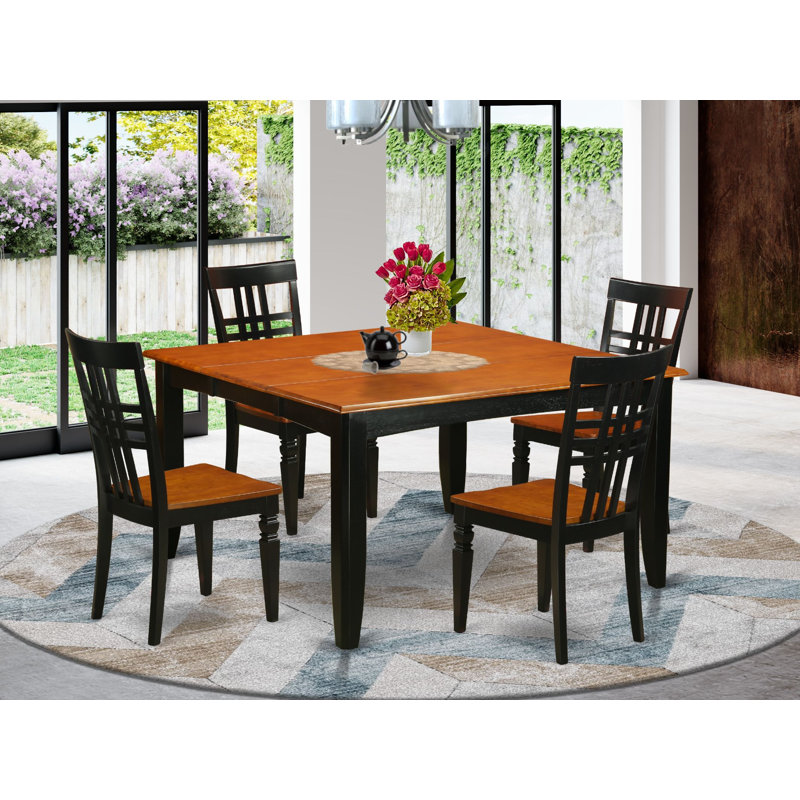 5 Piece Dining Table Set for 4 Includes a Square Kitchen Table with Butterfly Leaf and 4 Dinette Chairs, Black & Cherry