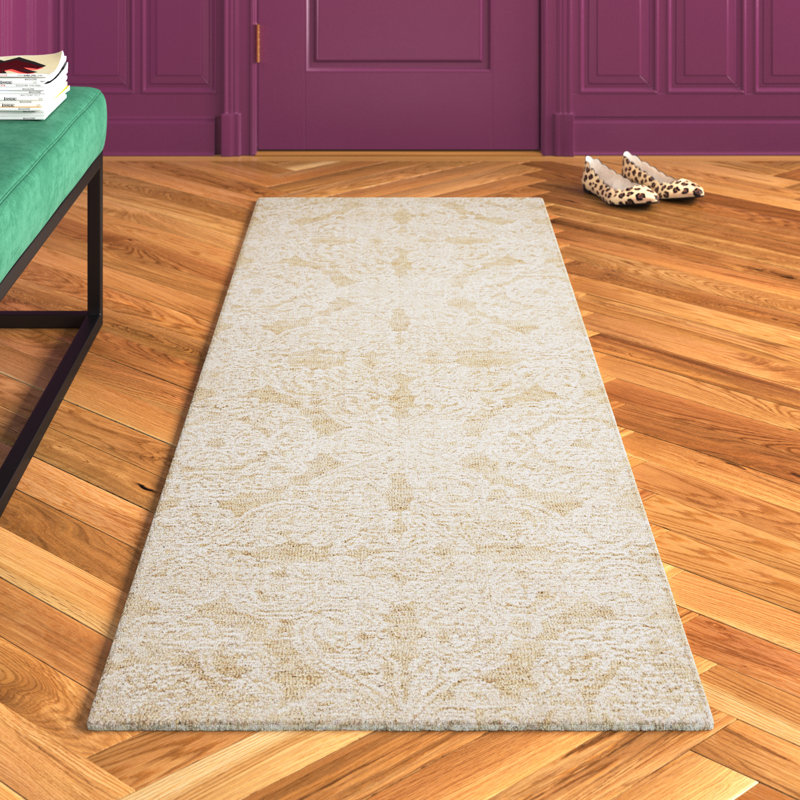 Tapis doré / ivoire en laine touffeté à la main Zelda, Tapis de couloir 2 pi 3 po x 8 pi