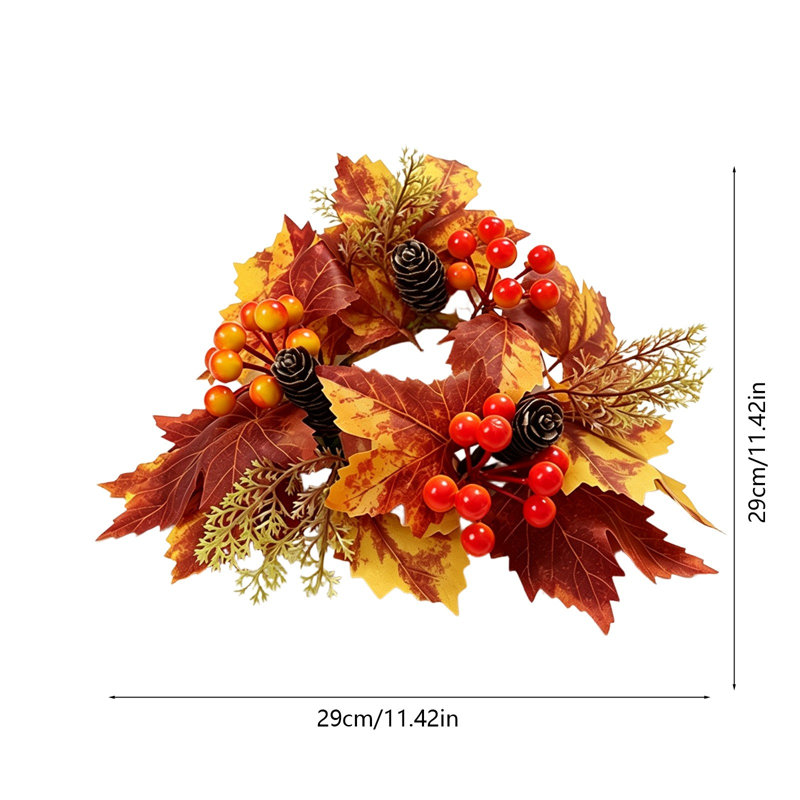 Couronne de bougies artificielles d'automne, centre de table pour l'Action de grâce, avec feuilles d'érable, baies et citrouille.