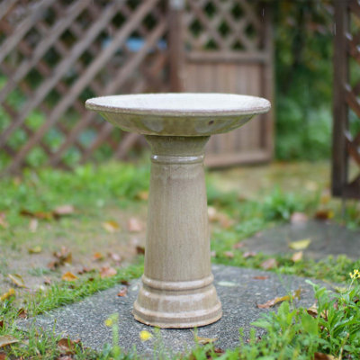 Ceramic Bird Bath for Outdoor Garden with 12.4 Inch Diameter, Vintage Khaki Glazed Pedestal Design, Attracts Wild Birds and Enhances Backyard Decor