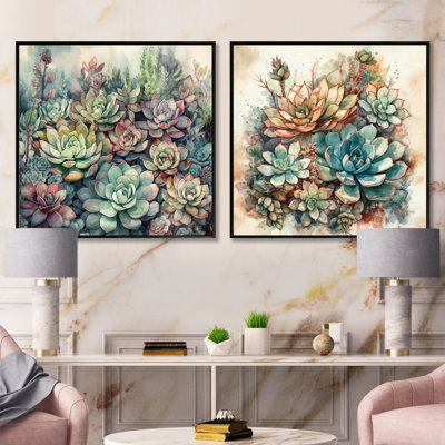 Cactus vert et rouge - Cactus floral ensemble de 2 carrés