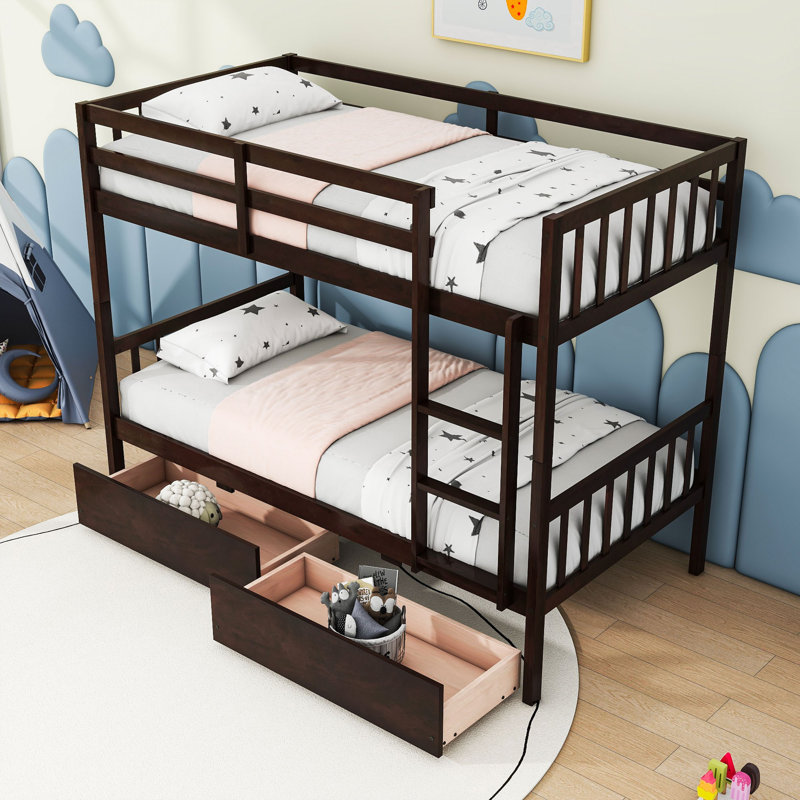 Two Drawers Rubber Wood Bunk Bed, Twin, Espresso