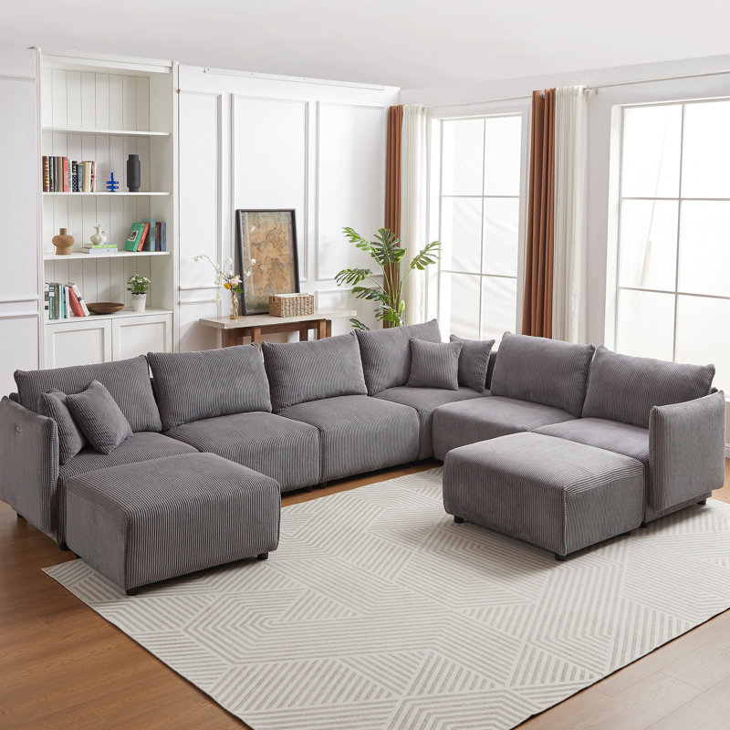 Velours côtelé gris pour espace - moderne, 2 coussins, et charge en C, 8 places, velours côtelé en tissu, porto,, Gris