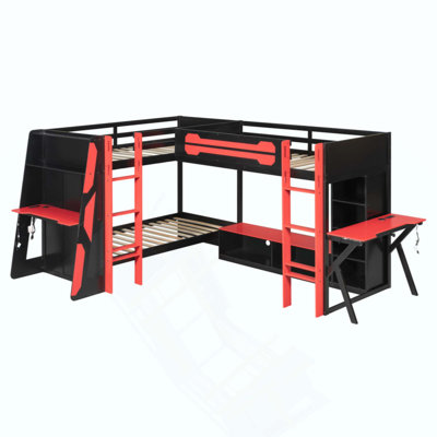 Lit mezzanine en bois en forme de L avec éclairage DEL RVB, deux lits simples, ports USB, meuble télé et étagères de rangement, configuration réversible, gain de place, pour adolescents et adultes.